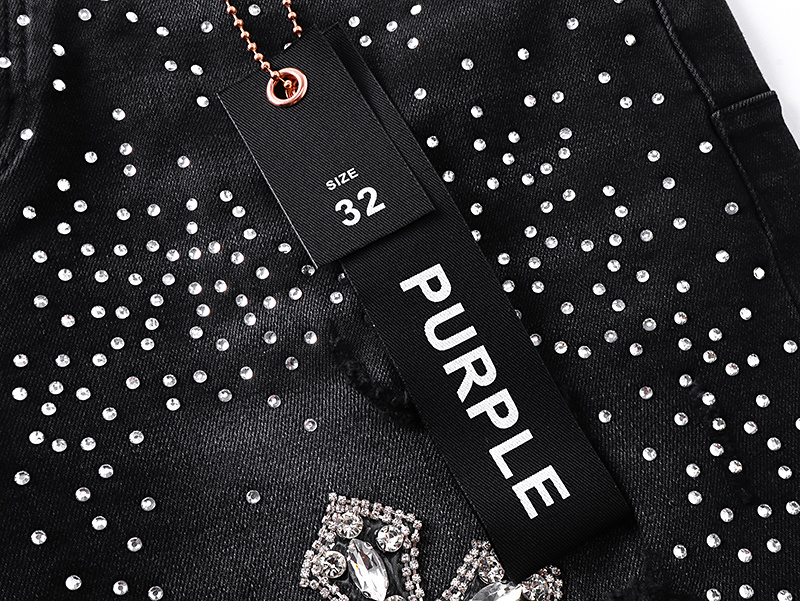 Purple Brand Rhinestone Cross Denim Shorts Black PU529