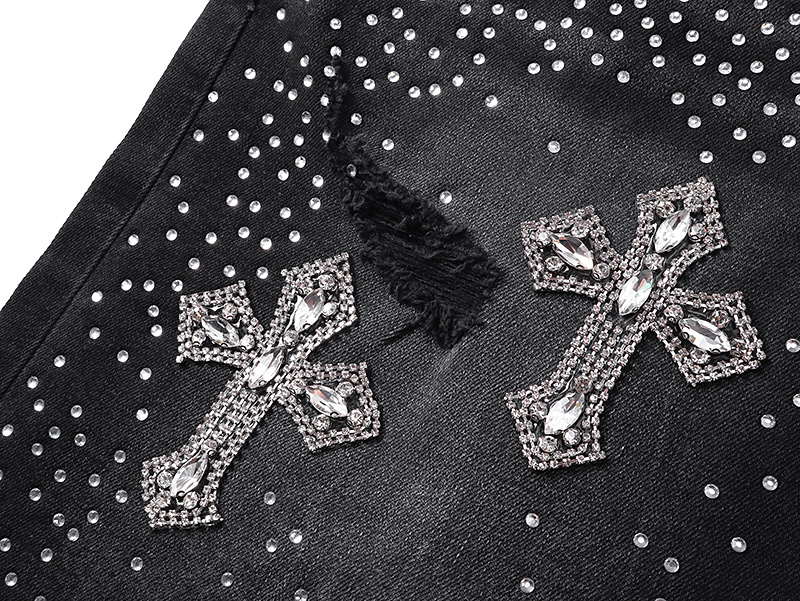 Purple Brand Rhinestone Cross Denim Shorts Black PU529