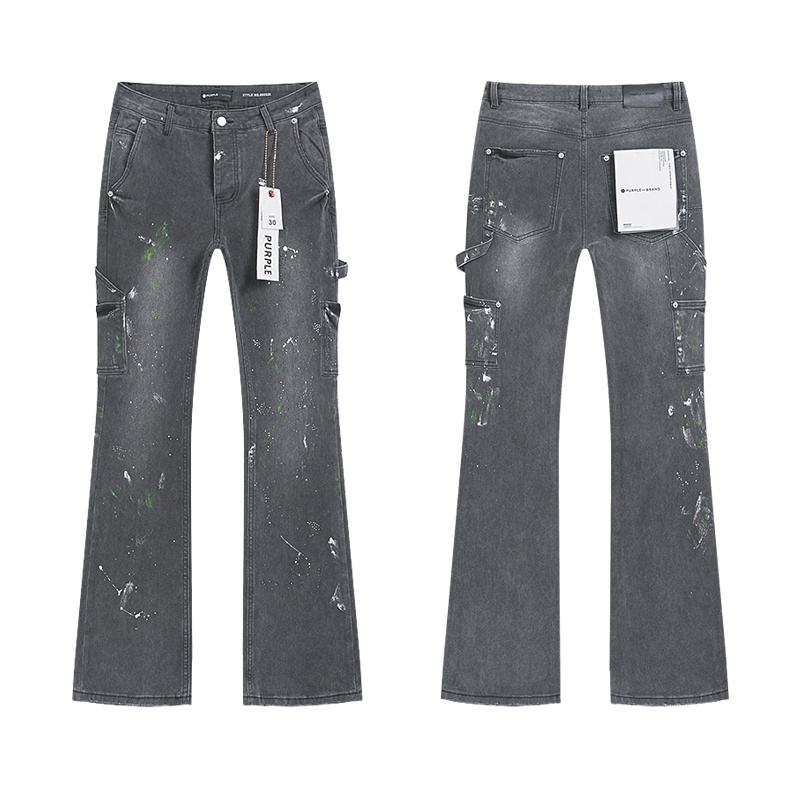 Purple Brand Rhinestone Multi Pocket Denim Pants Gray PU181