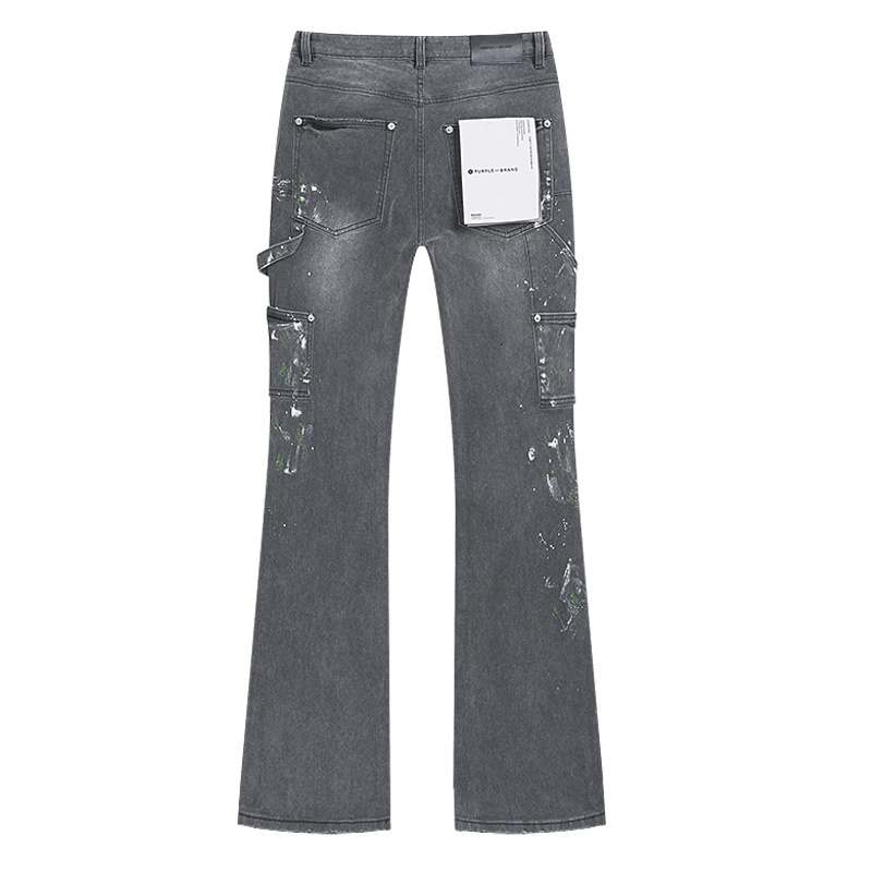 Purple Brand Rhinestone Multi Pocket Denim Pants Gray PU181
