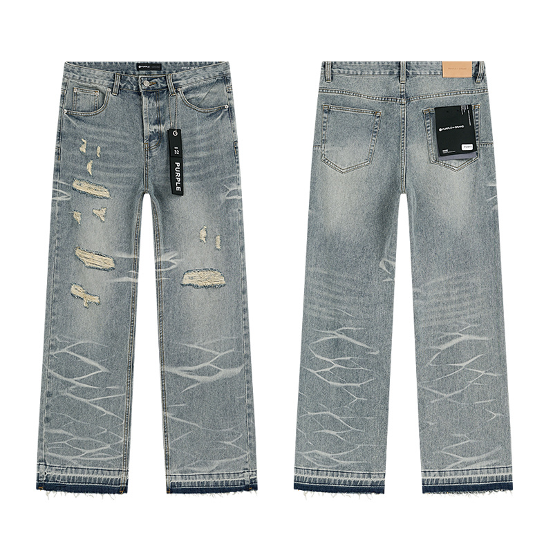Purple Brand Washed Distressed Wide Leg Denim Jeans Light Blue PU819