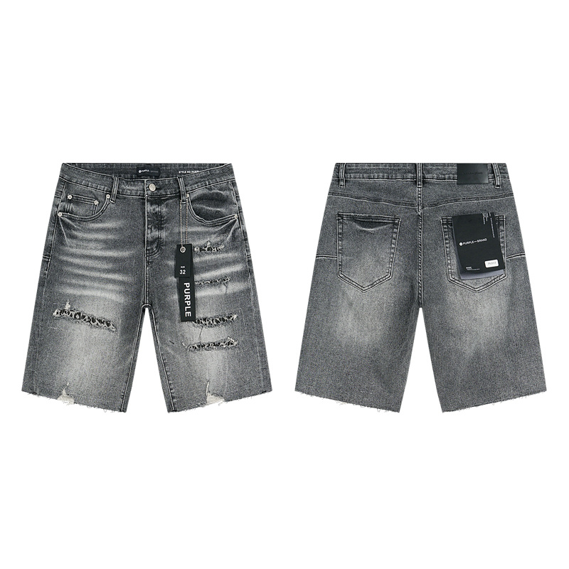 Purple Brand Washed Letter Print Denim Shorts Gray PU517