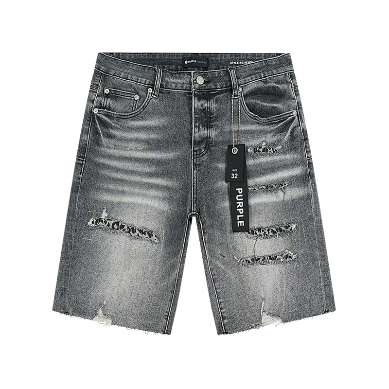 Purple Brand Washed Letter Print Denim Shorts Gray PU517
