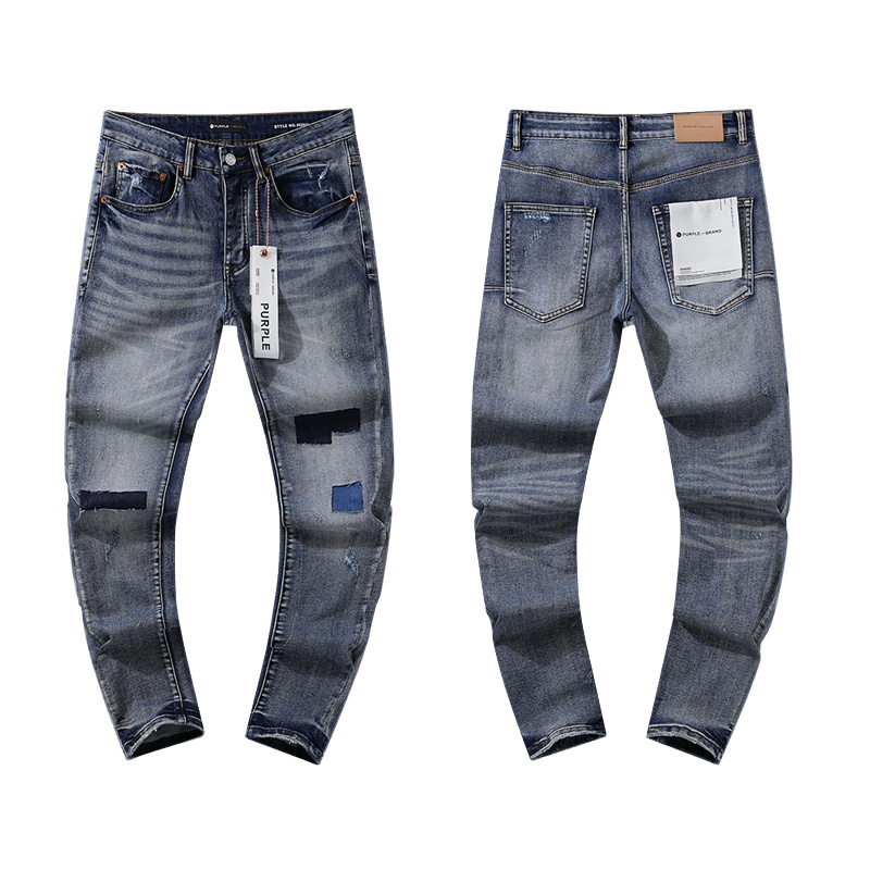 Purple Brand Washed Patchwork Stacked Denim Jeans Blue PU110