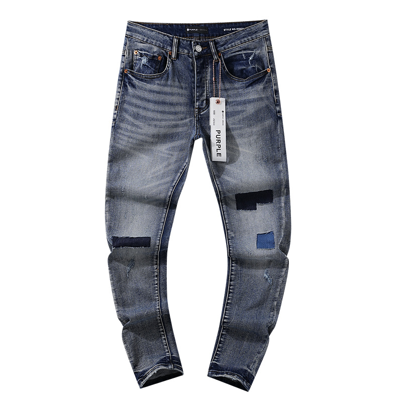 Purple Brand Washed Patchwork Stacked Denim Jeans Blue PU110