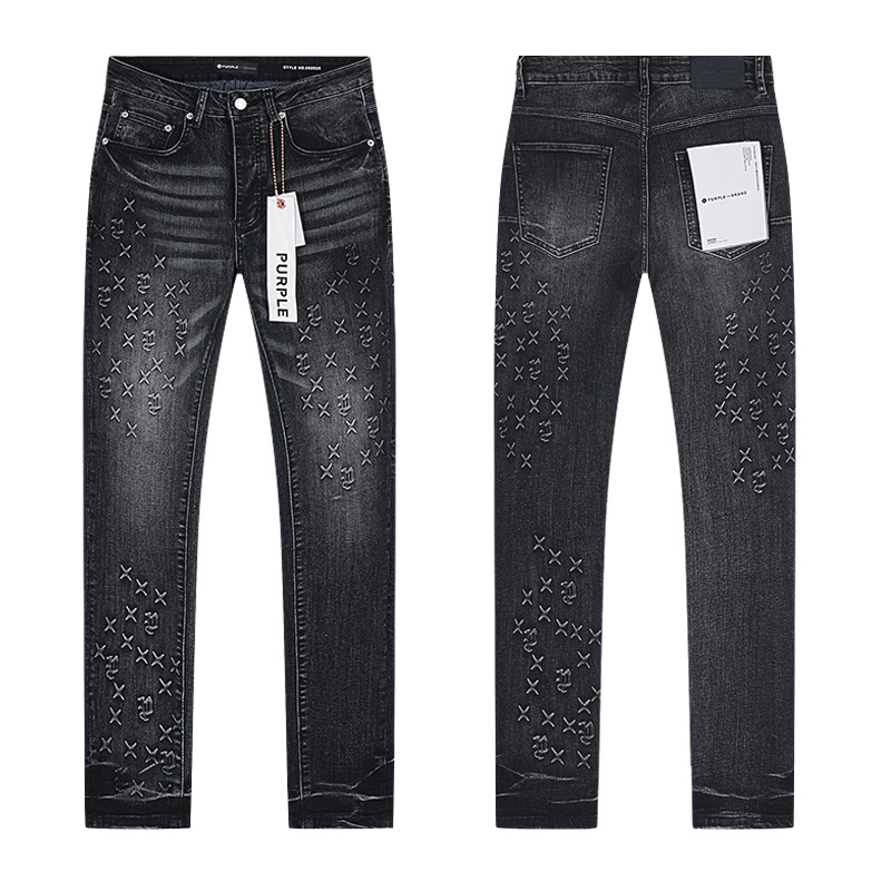 Purple Brand Washed Rhinestone Slim Fit Denim Jeans Black PU187