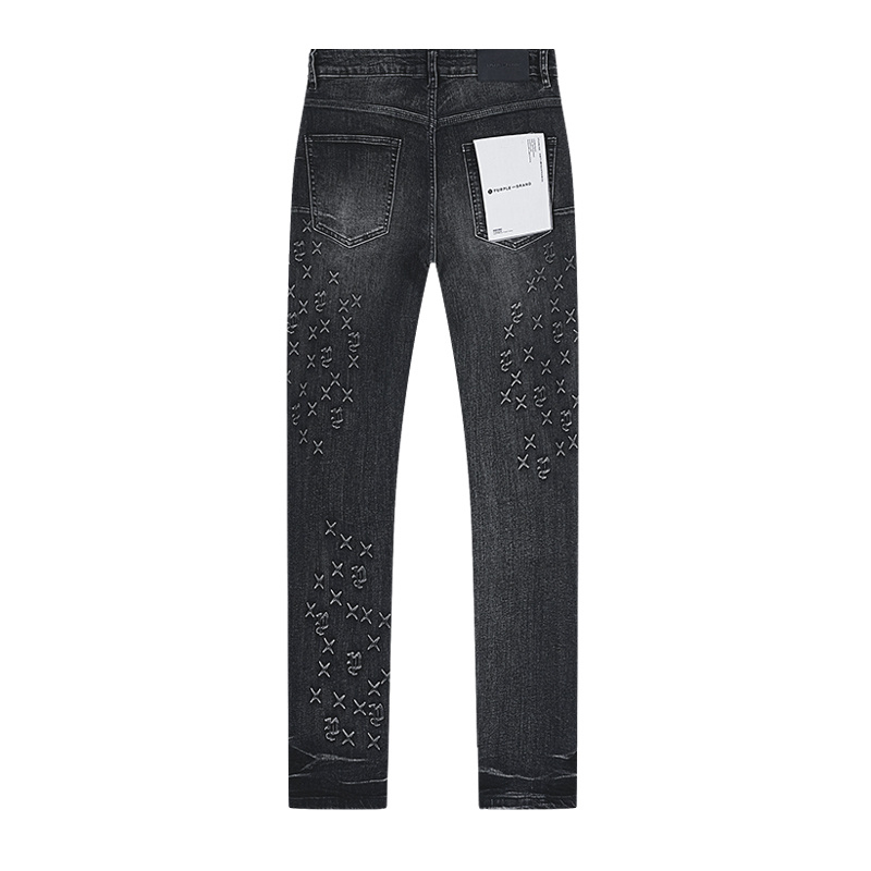 Purple Brand Washed Rhinestone Slim Fit Denim Jeans Black PU187