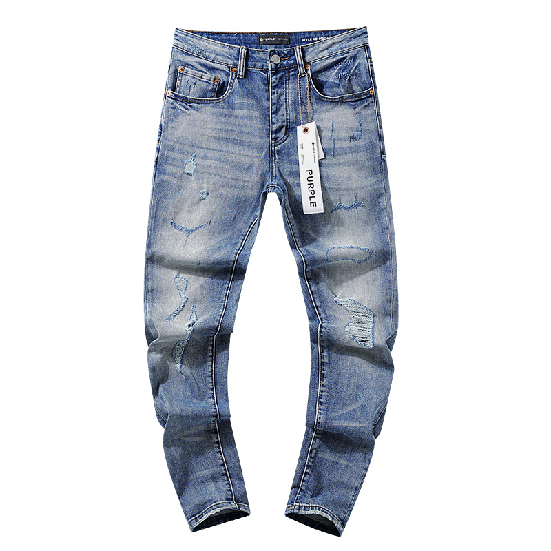 Purple Brand Washed Stacked Biker Denim Jeans Light Blue PU109