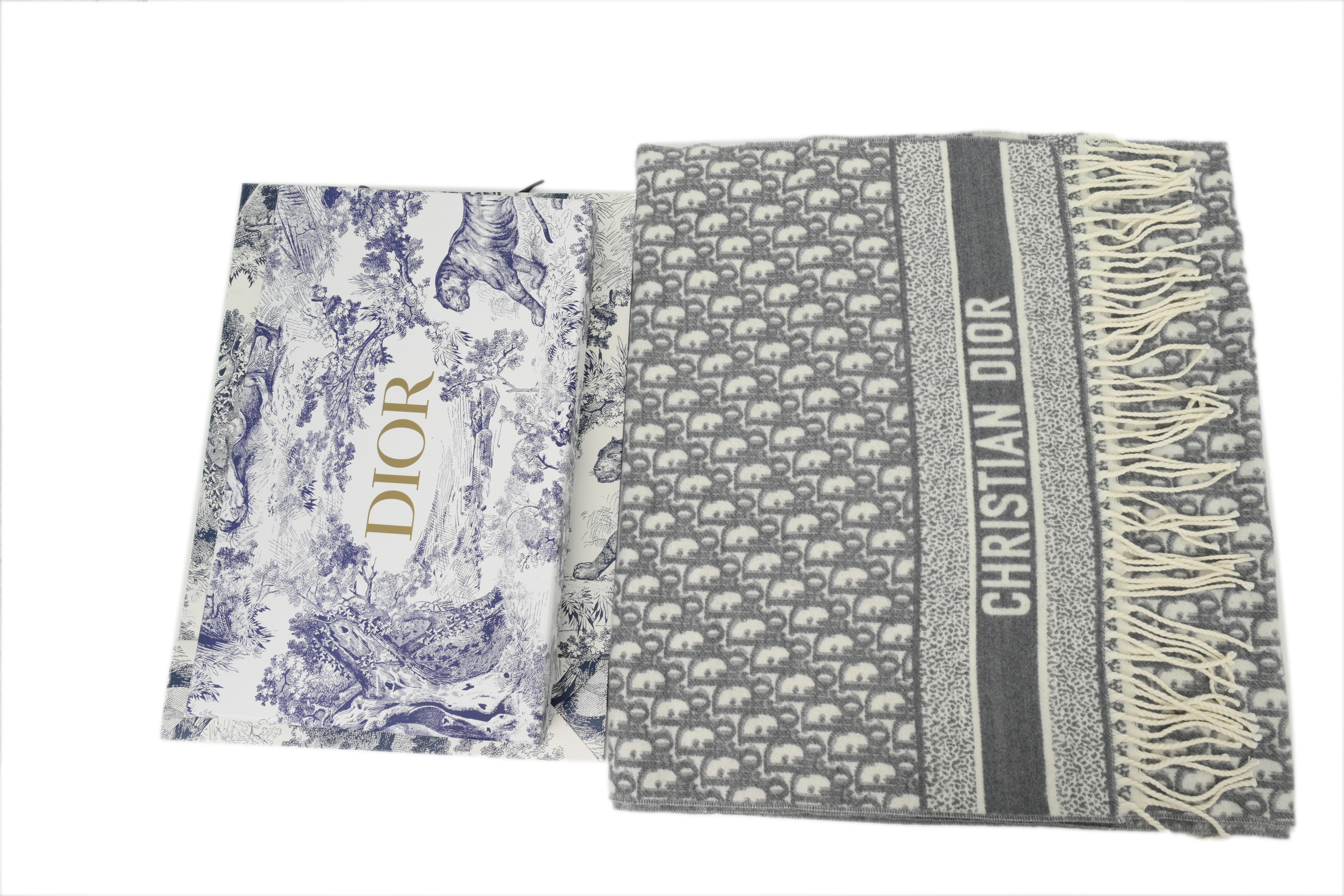 Dior Logo Fringe Scarf - Gray