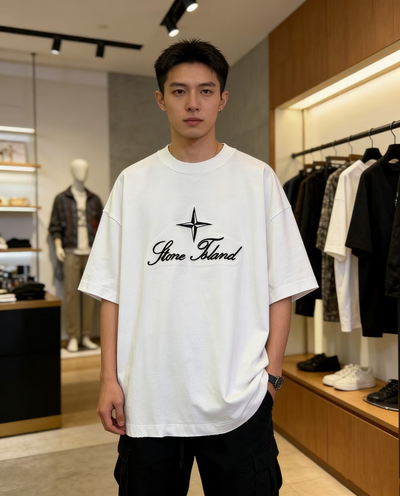 Stone Island Embroidered Script Logo T-Shirt White