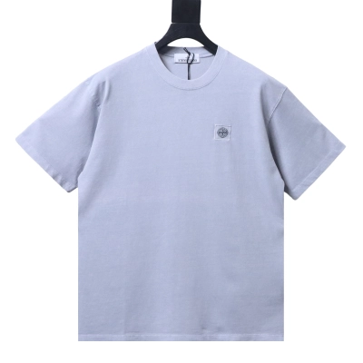 Stone Island Square Logo Embroidered Washed T-Shirt Light Gray 01