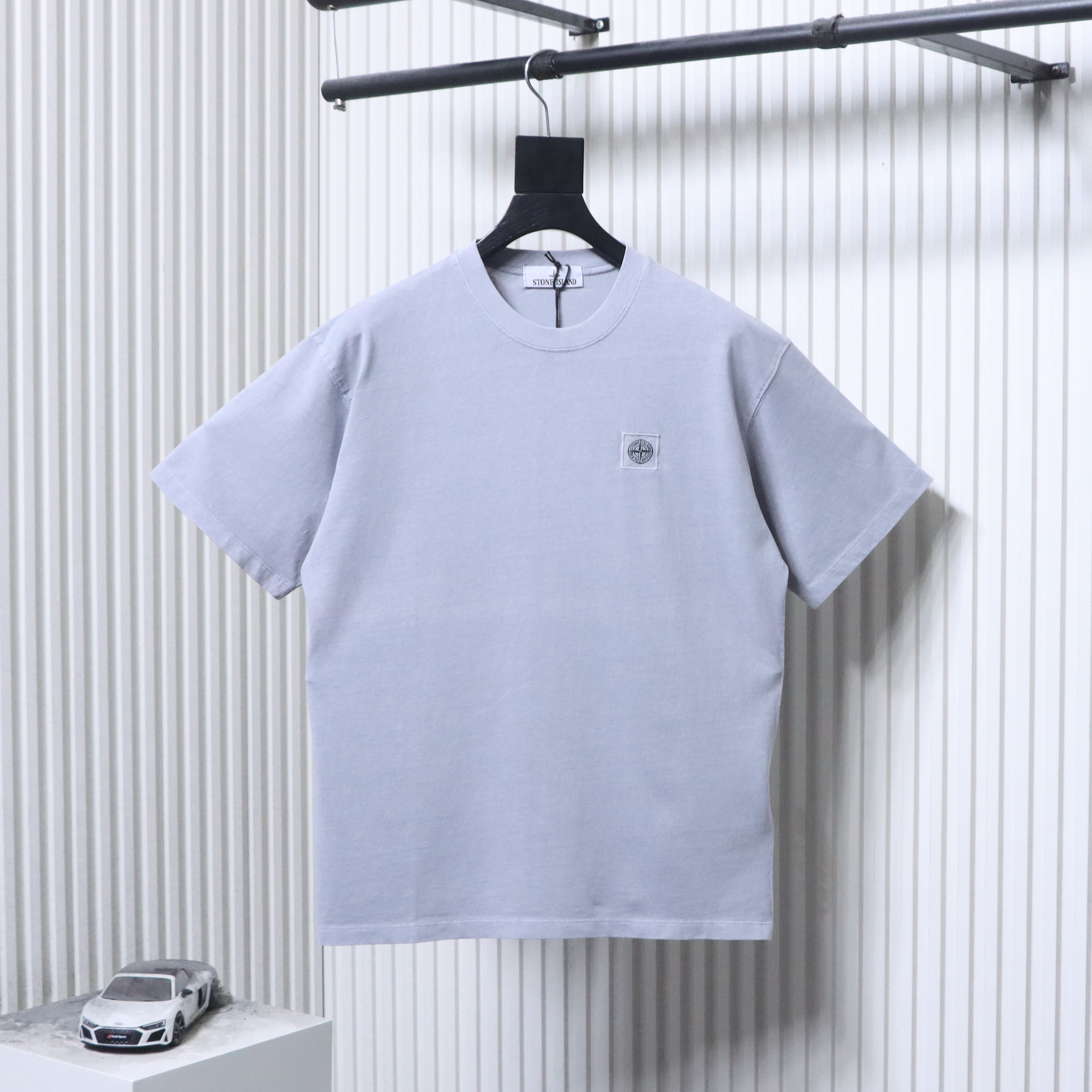 Stone Island Square Logo Embroidered Washed T-Shirt Light Gray