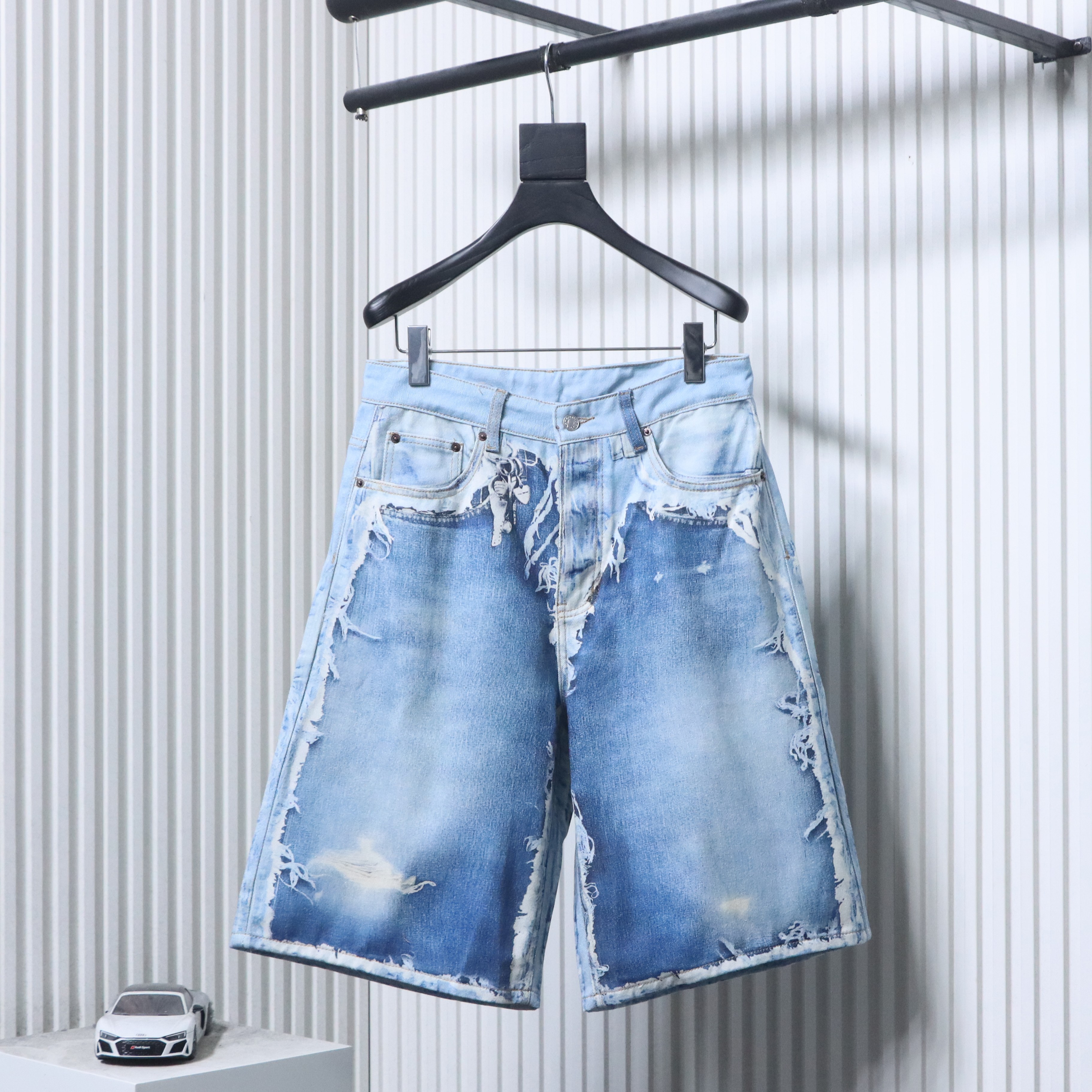 Acne Studios 1981 3D Graphic Patchwork Raw-Hem Denim Shorts
