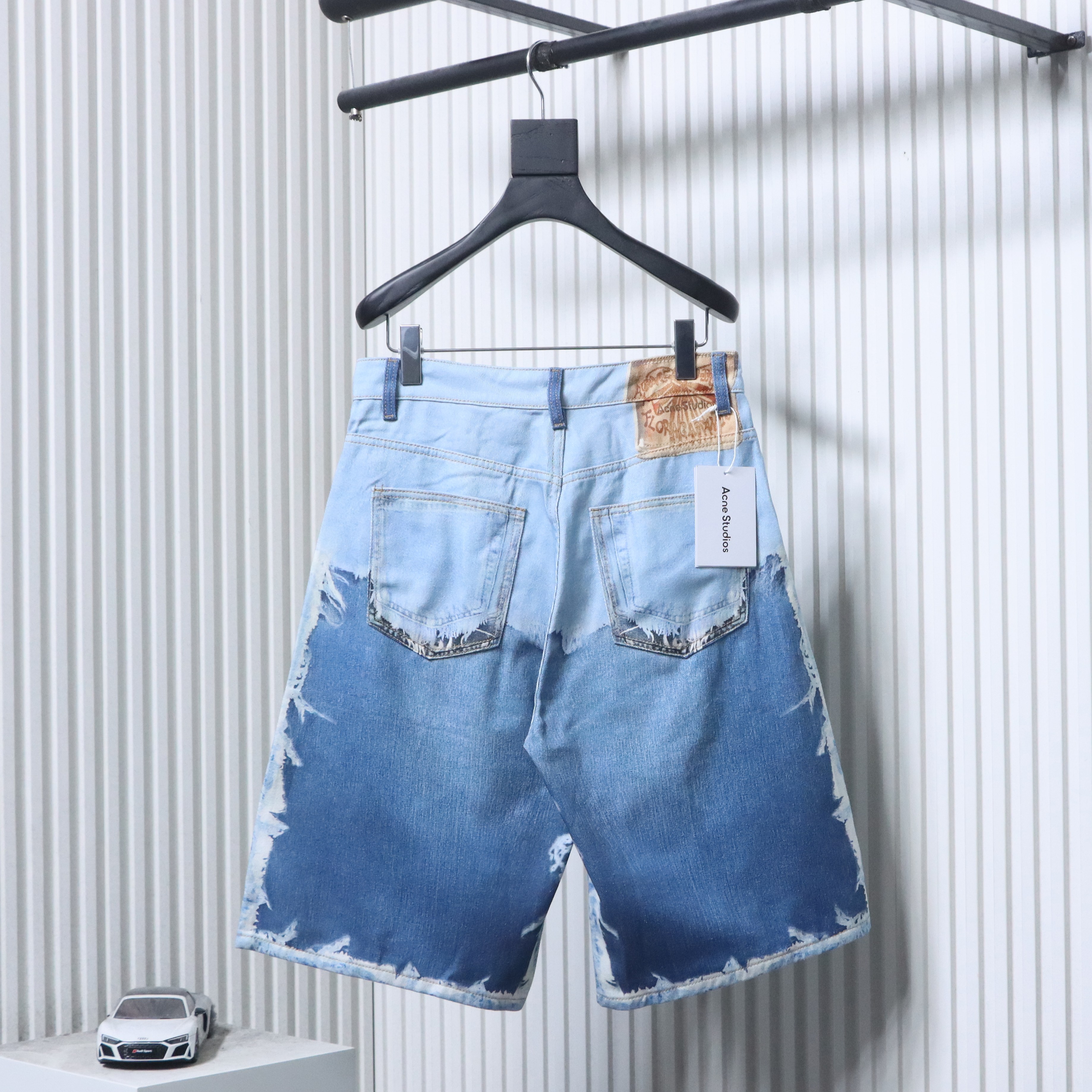Acne Studios 1981 3D Graphic Patchwork Raw-Hem Denim Shorts