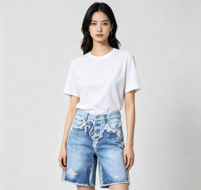 Acne Studios 1981 3D Graphic Patchwork Raw-Hem Denim Shorts