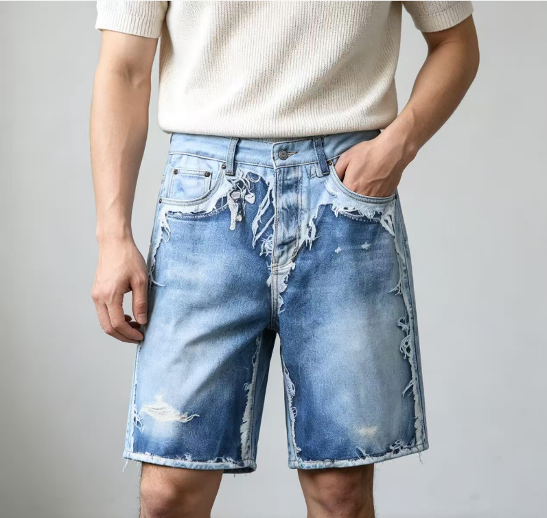 Acne Studios 1981 3D Graphic Patchwork Raw-Hem Denim Shorts