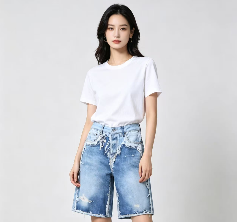 Acne Studios 1981 3D Graphic Patchwork Raw-Hem Denim Shorts