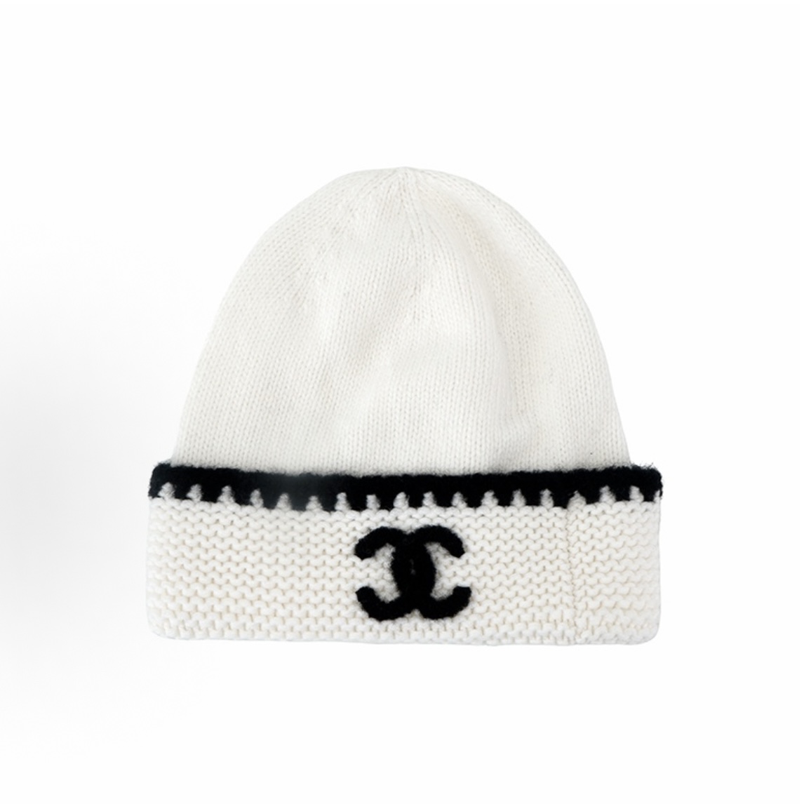 Chanel Cashmere CC Knitted Beanie White Black