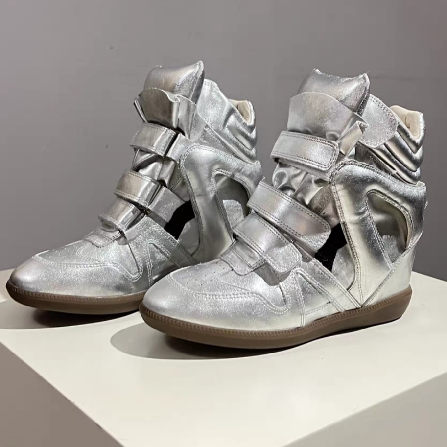 Isabel Marant Bekett Leather Wedge Sneakers Silver