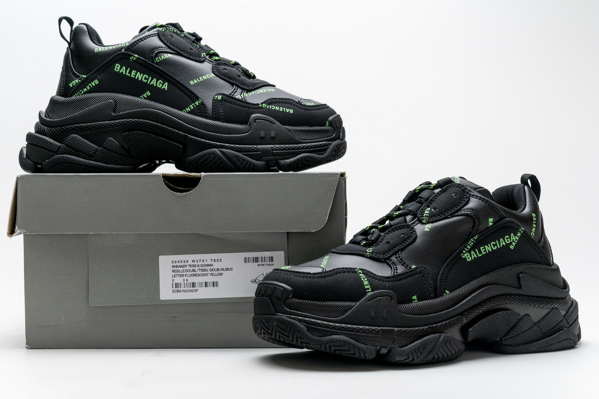 Balenciaga Triple S Allover Logo Black Fluo Green 524039 W2FA1 7633