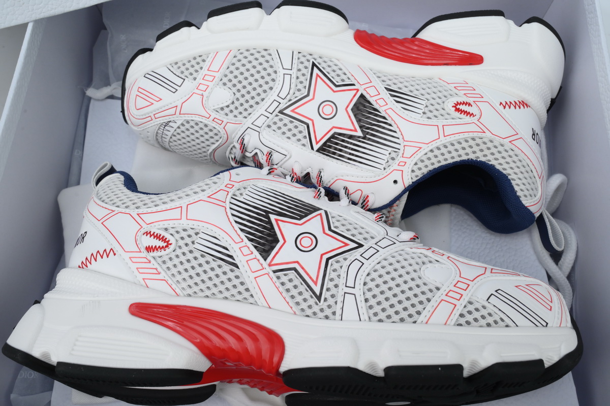 Dior Chrono Sneaker Mesh with White and Red Leather-Effect Panels