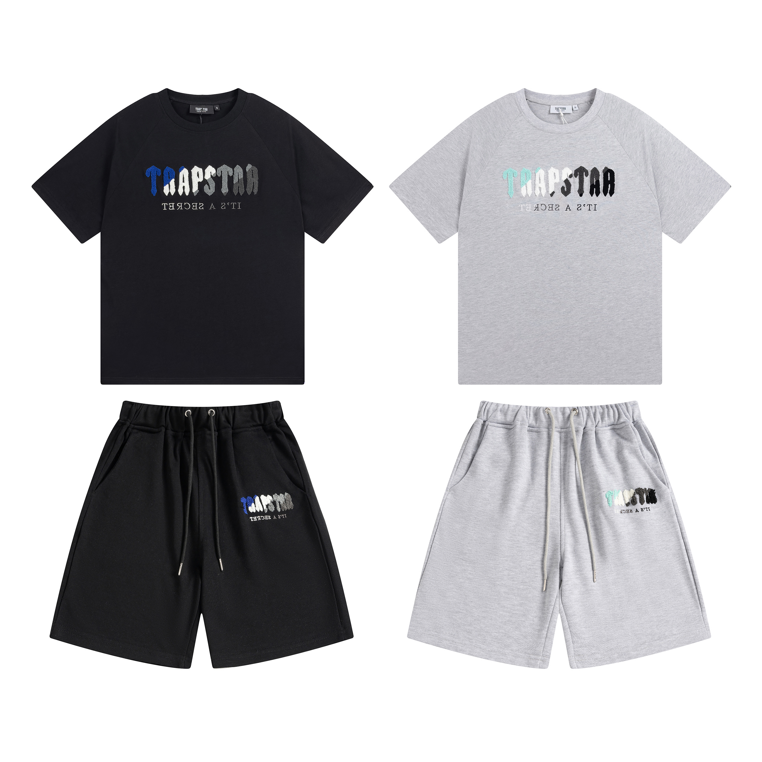 Trapstar It's A Secret Blue Gradient Letter Print T-Shirt &amp; Shorts Set - Black/Grey 627-628