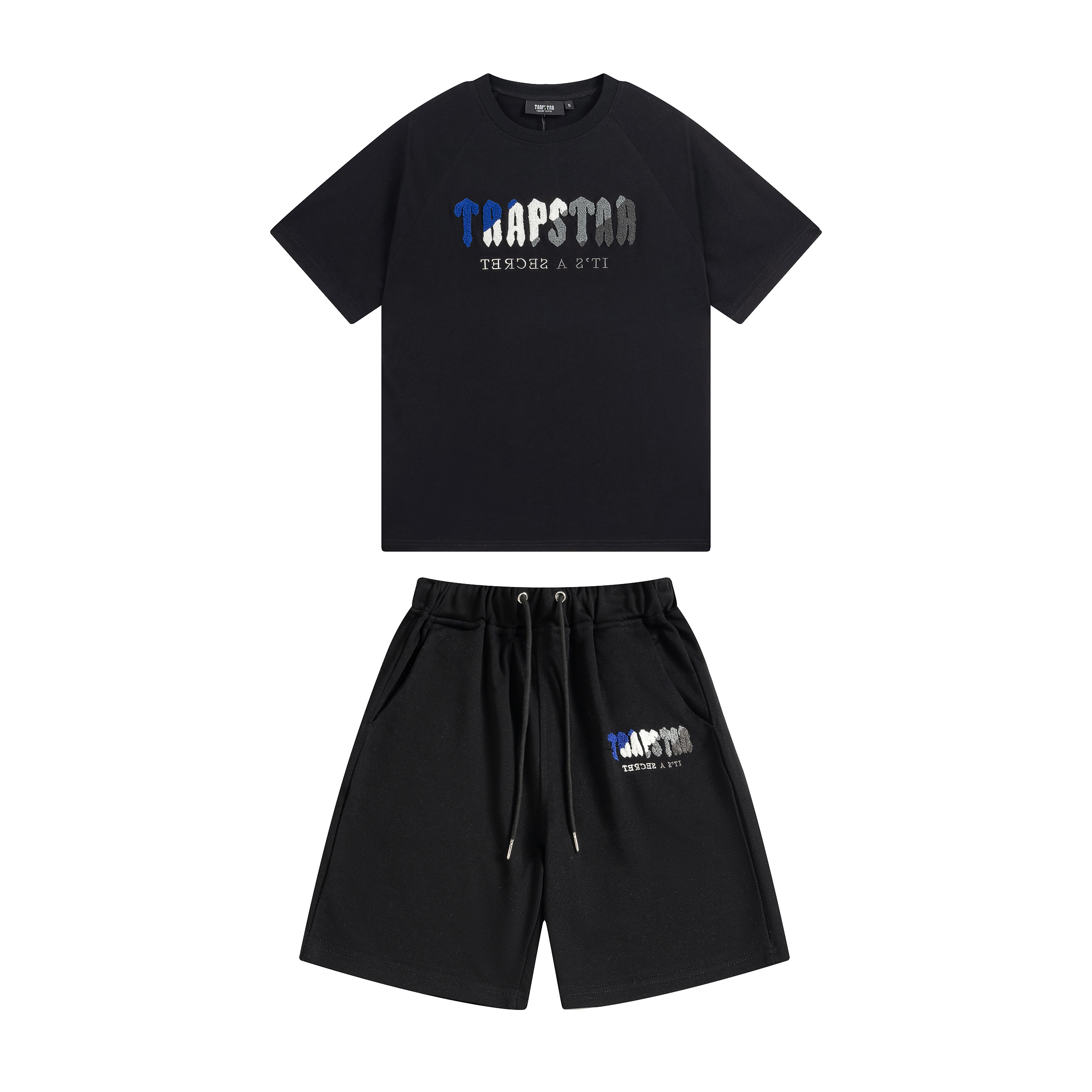 Trapstar It's A Secret Blue Gradient Letter Print T-Shirt &amp; Shorts Set - Black/Grey 627-628