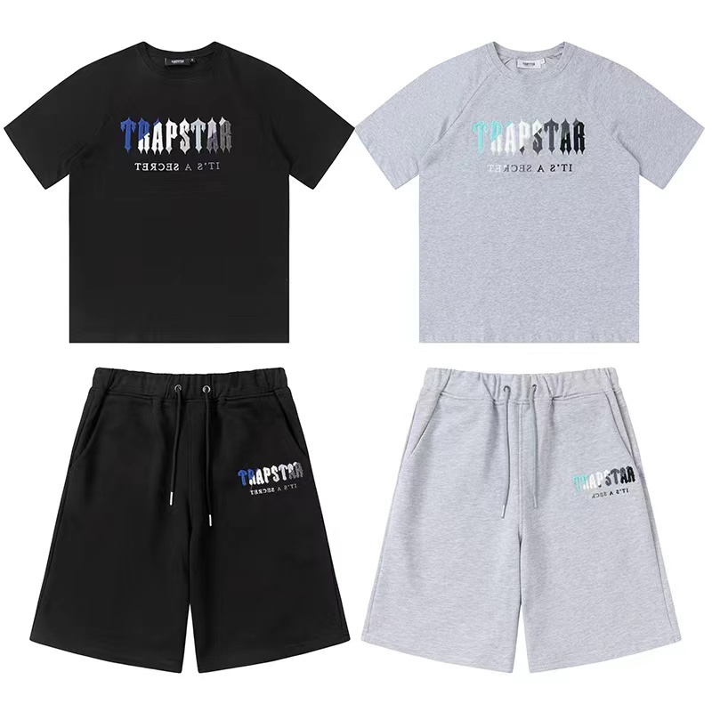 Trapstar It's A Secret Blue Gradient Letter Print T-Shirt &amp; Shorts Set - Black/Grey 627-628