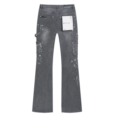 Purple Brand Washed Grey Paint Splatter Cargo Flare Denim Jeans 02