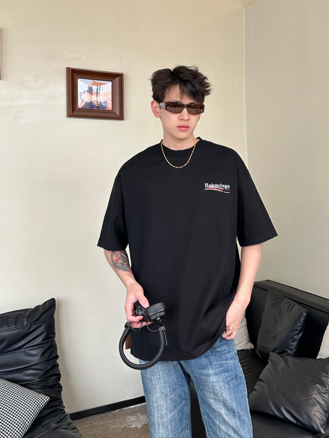 Balenciaga Distressed Cola Graphic Washed T-Shirt Black