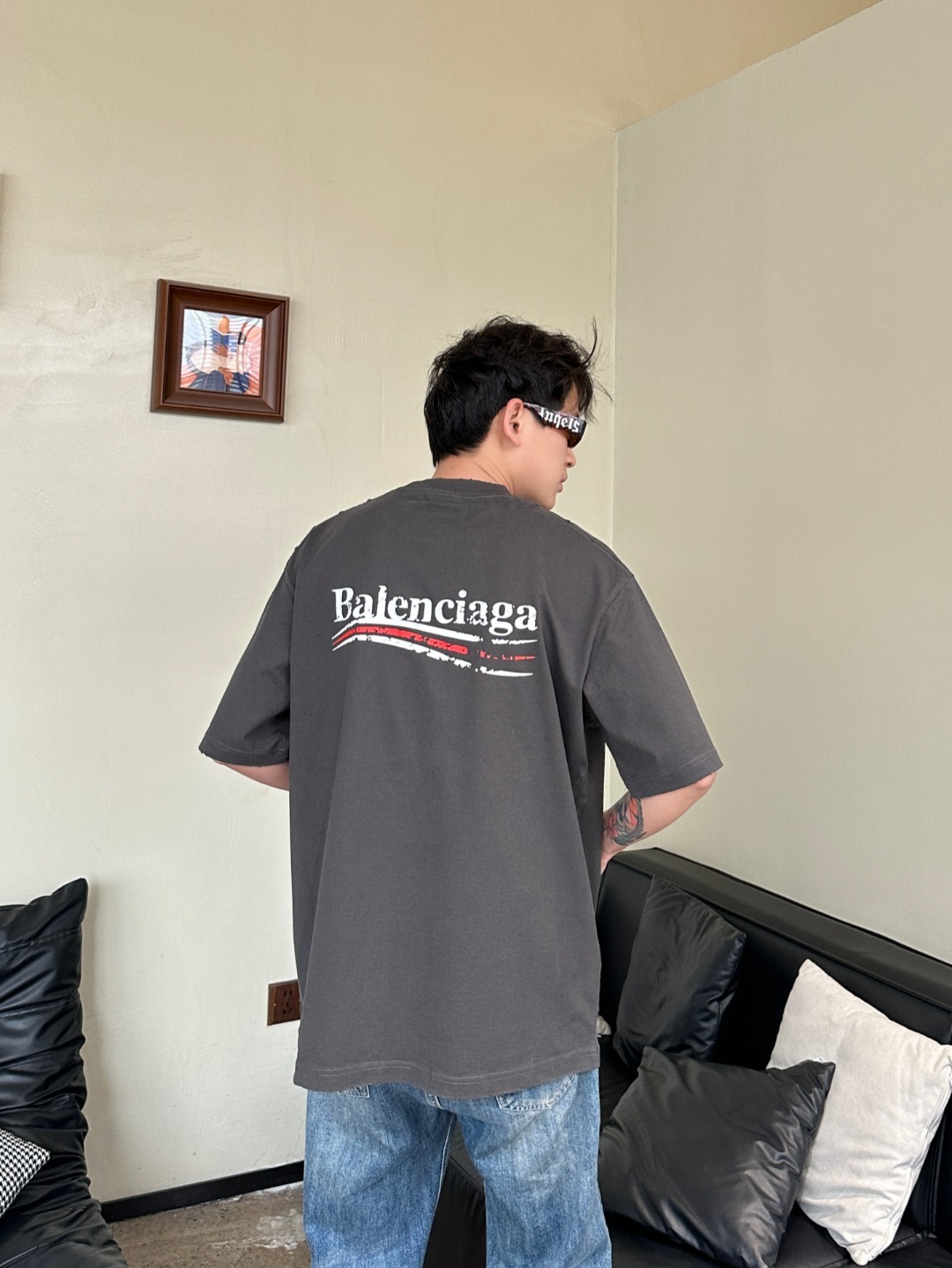 Balenciaga Distressed Cola Graphic Washed T-Shirt Dark Grey