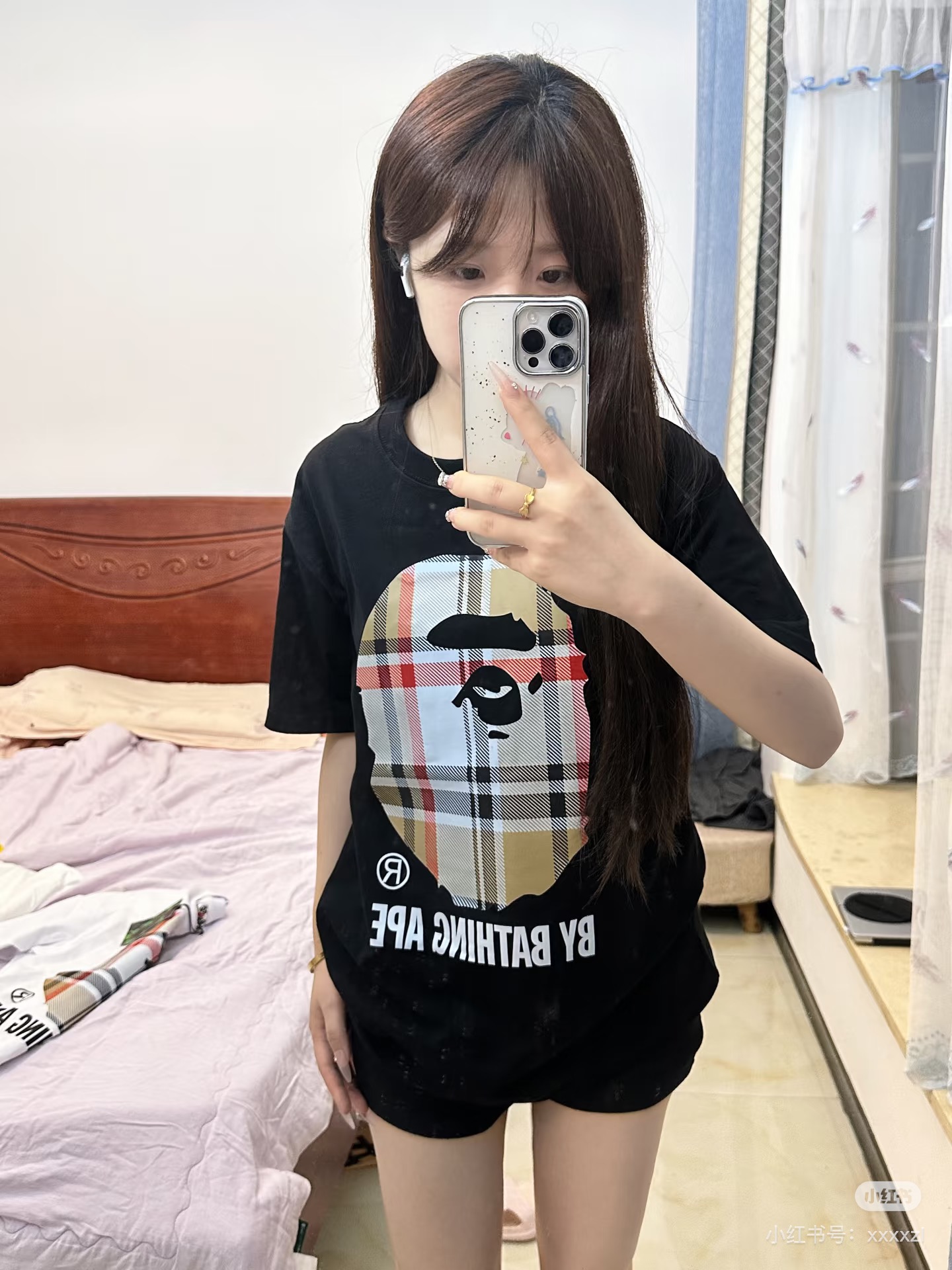 BAPE Plaid Ape Head Black Tee h140