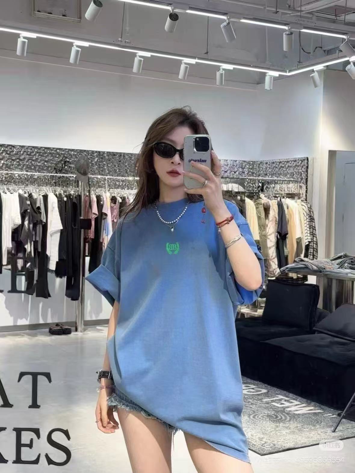 Balenciaga Double B Wheat Wreath Embroidered T-Shirt Blue