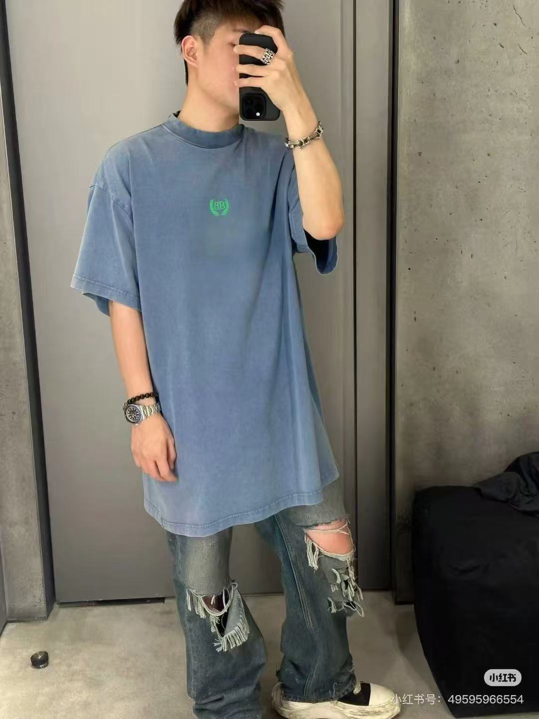 Balenciaga Double B Wheat Wreath Embroidered T-Shirt Blue