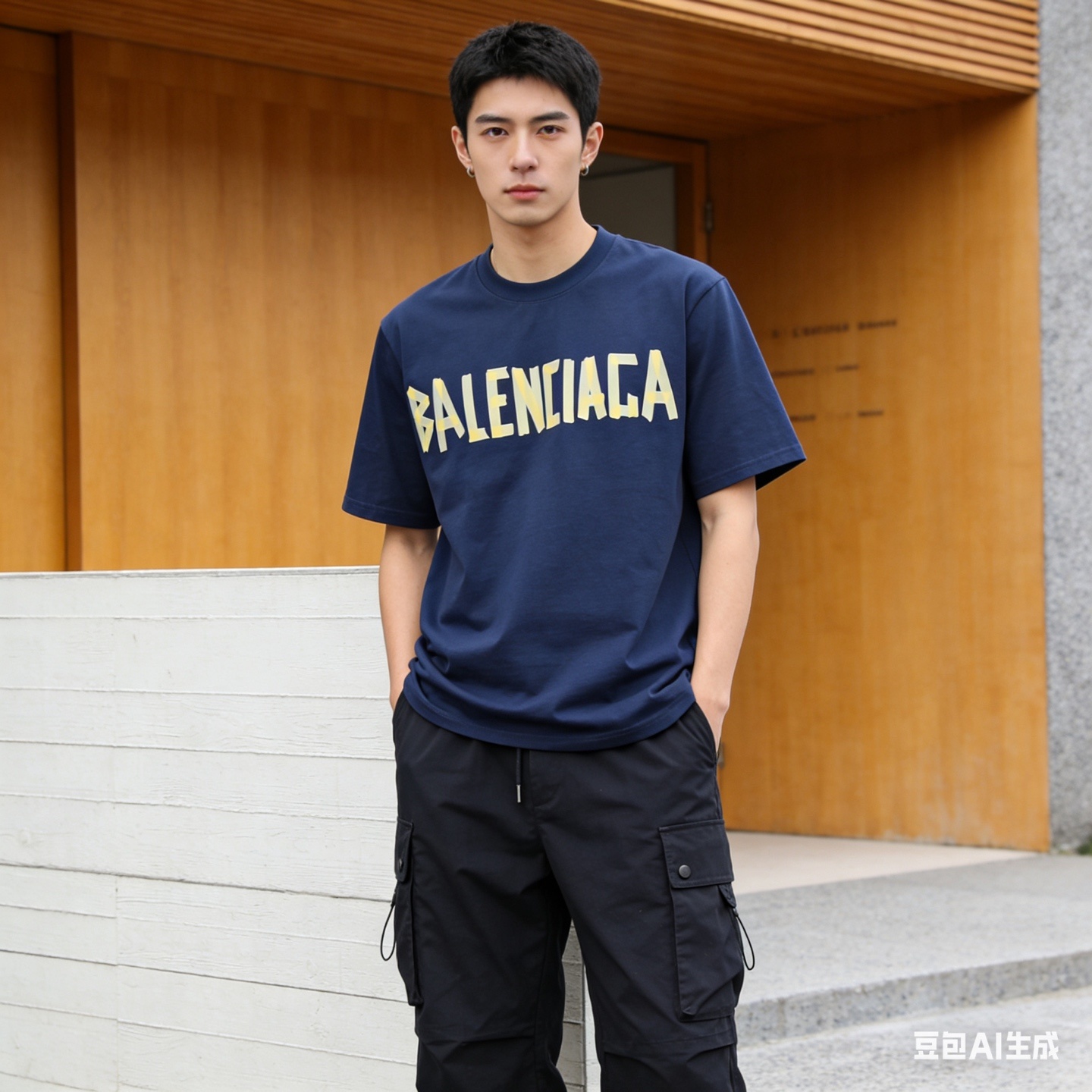 Balenciaga Tape Label Logo Crew Neck T-Shirt Navy