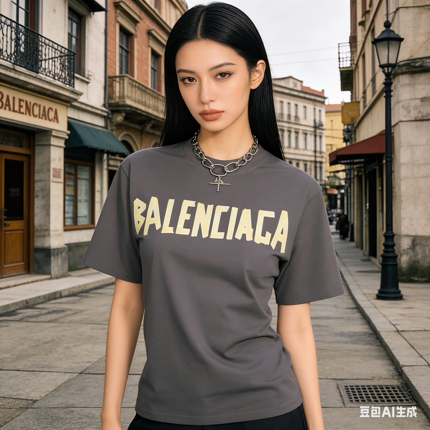 Balenciaga Tape Label Logo Crew Neck T-Shirt Grey