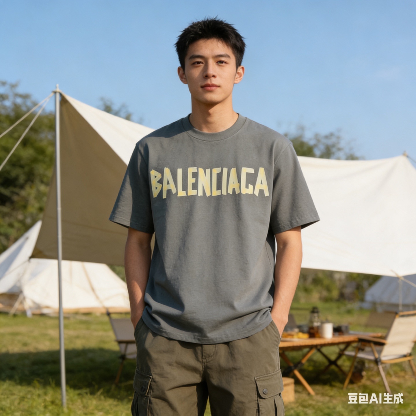 Balenciaga Tape Label Logo Crew Neck T-Shirt Army Green