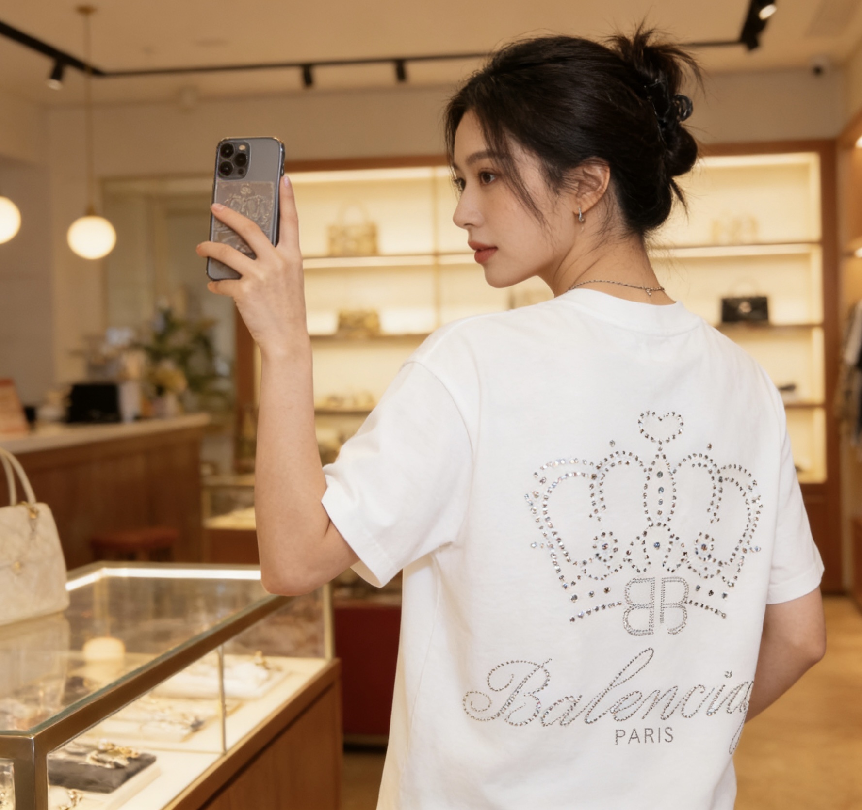 Balenciaga Rhinestone Crown BB Logo White T-Shirt h160