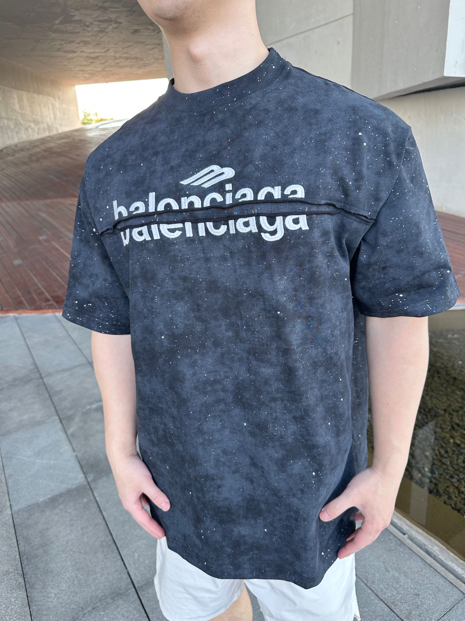 Balenciaga Starry Logo Embroidered Crew Neck T-Shirt Black
