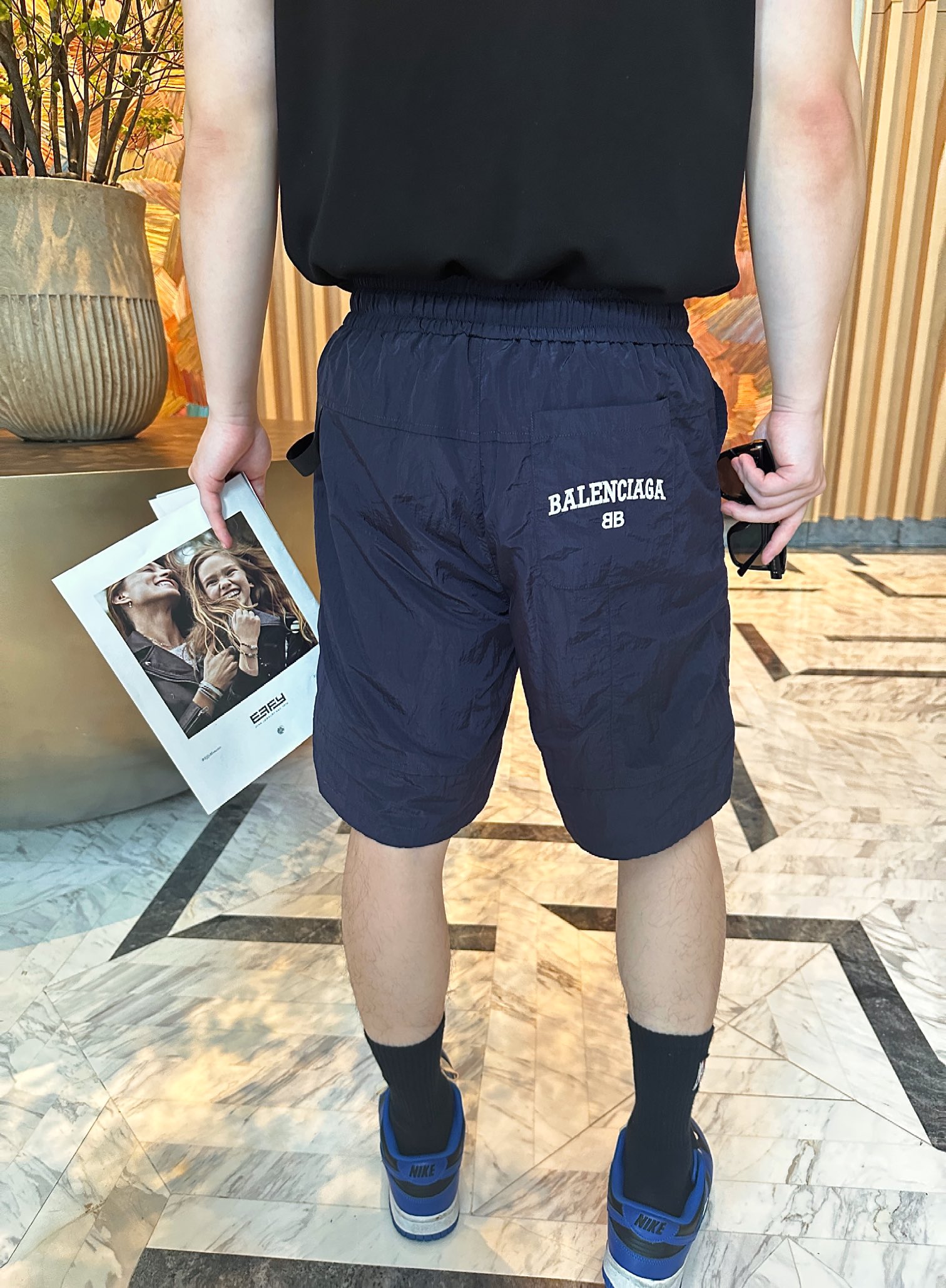 Balenciaga Metal Logo Plaque Embroidered Shorts Black