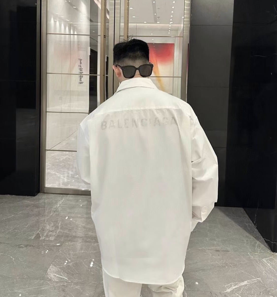 Balenciaga Rhinestone Block Logo Oversized Long-Sleeve Shirt - White Jacket h230