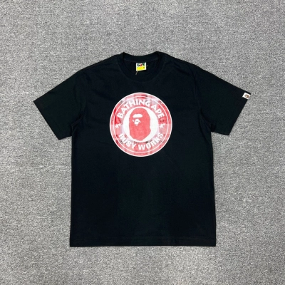 BAPE Red Plaid Busy Works Ape Tee Black White P120 247 01