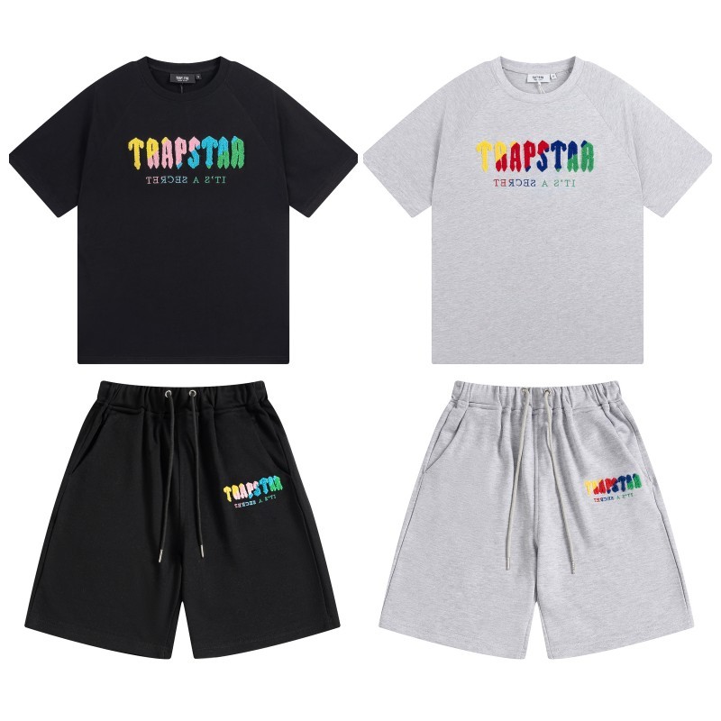 Trapstar It's A Secret Rainbow Gradient Letter Print T-Shirt &amp; Shorts Set - Black/Grey P260 623-624