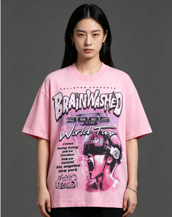 Hellstar Brainwashed World Tour Cyberpunk Graphic Tee Pink h110