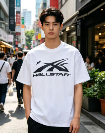 Hellstar Dual Circle Flame Silhouette Star Logotype Graphic Tee White h110