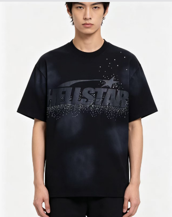 Hellstar Jacquard Logotype Flame Silhouette Star Graphic Tee Black h130