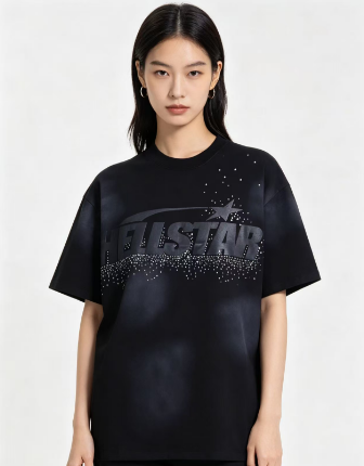 Hellstar Jacquard Logotype Flame Silhouette Star Graphic Tee Black h130
