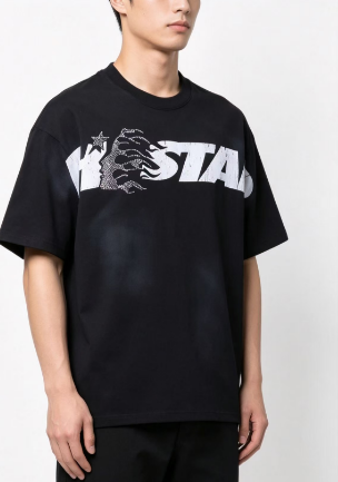 Hellstar Studios Cracked Logotype Flame Silhouette Star Graphic Tee Black h130