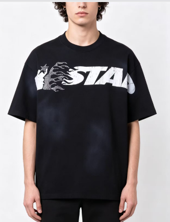 Hellstar Studios Cracked Logotype Flame Silhouette Star Graphic Tee Black h130