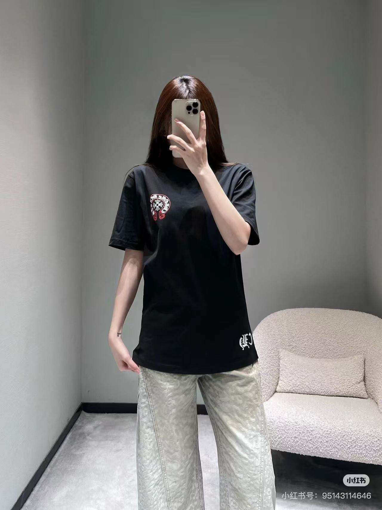 Chrome Hearts 26SS Pink Outline Horseshoe Cross Print Tee - Black h150